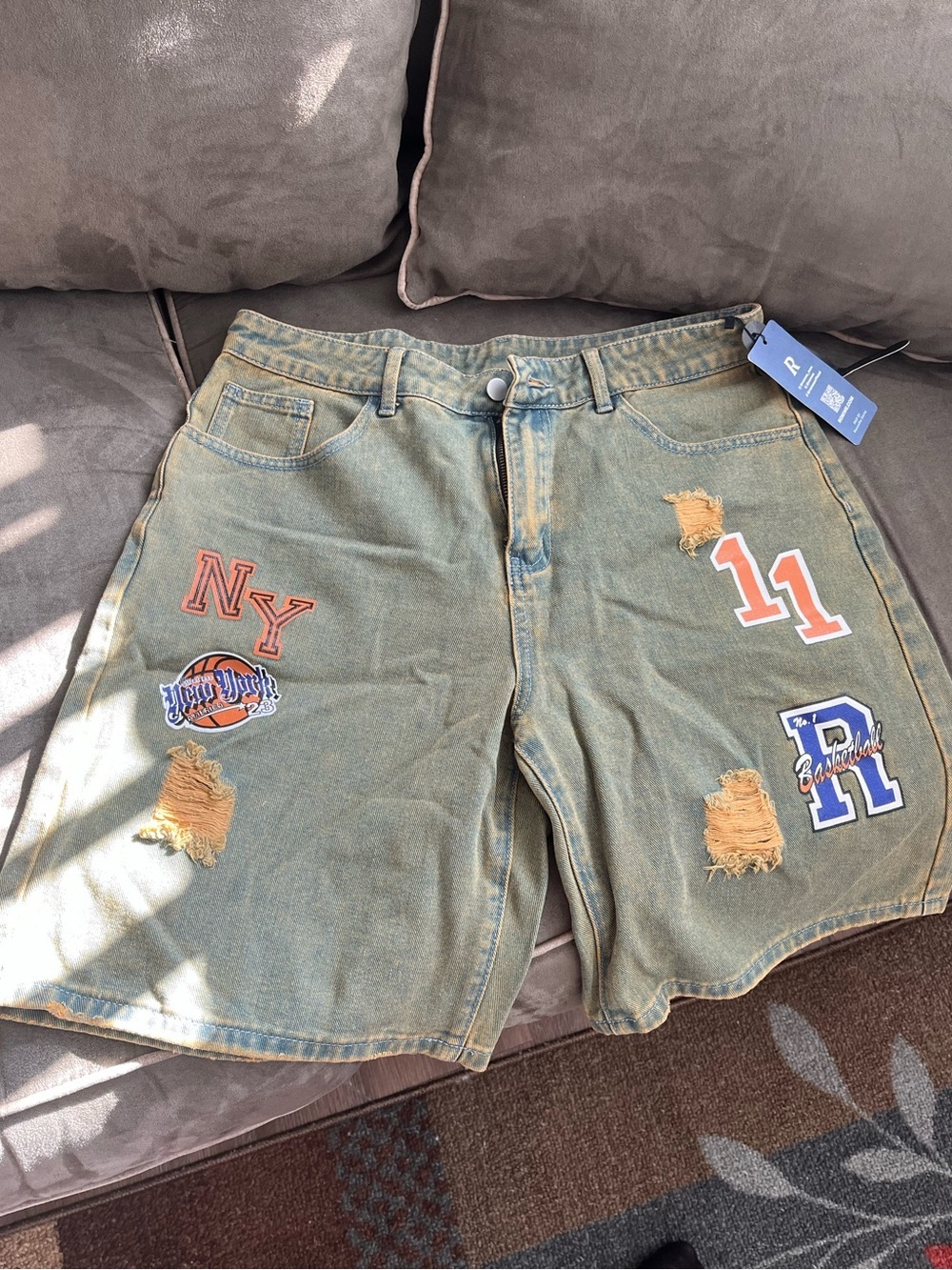Bleached Distressed Patchwork Denim Shorts with Basketball Patches